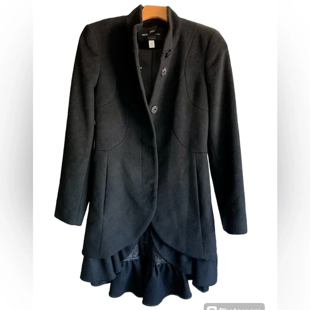 Ruffled Wool Black Pea Coat from MODA International